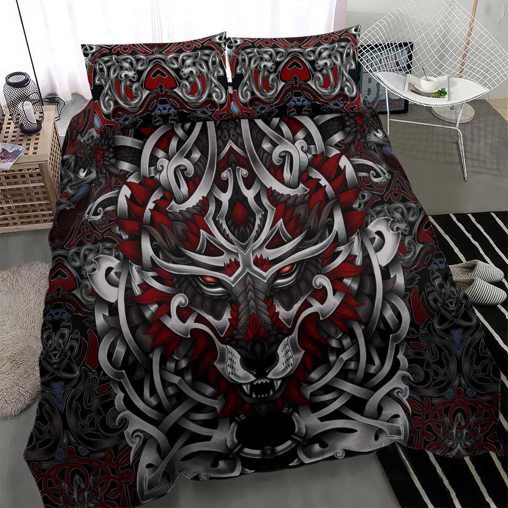 Wolf face duvet cover with intricate gray and red Nordic pattern on dark base