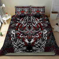 Wolf motif duvet cover with two pillow shams, gray and red ornate Viking design