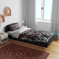 Norse wolf bedding set on bed frame, duvet cover and pillows in red and gray