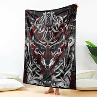 Fenrir wolf blanket with red-and-silver knotwork and centered snarling wolf head
