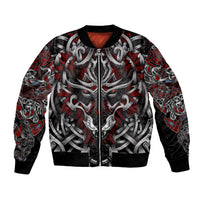 Unisex bomber jacket with red, black, and gray wolf graphic, front zipper and ribbed cuffs.
