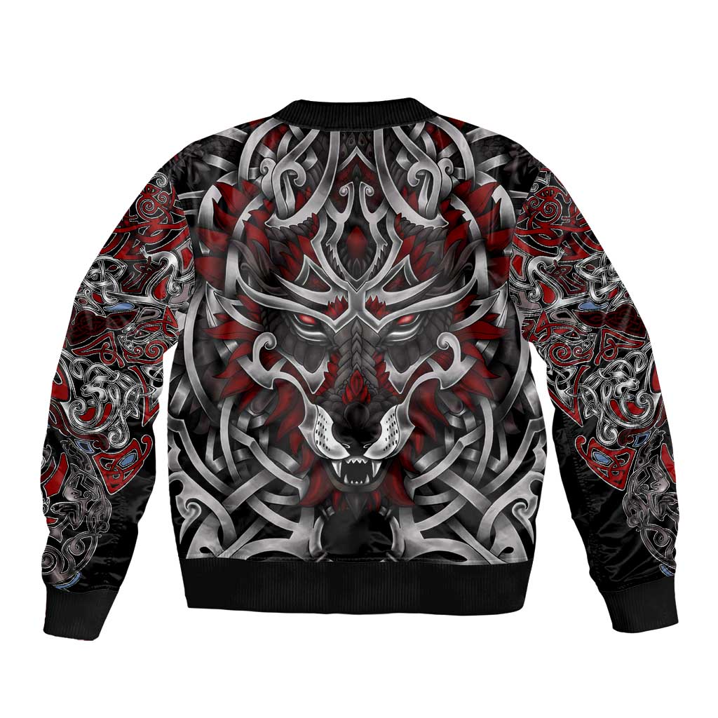 Unisex bomber jacket with red, black, and gray wolf graphic, back view, ribbed waistband.
