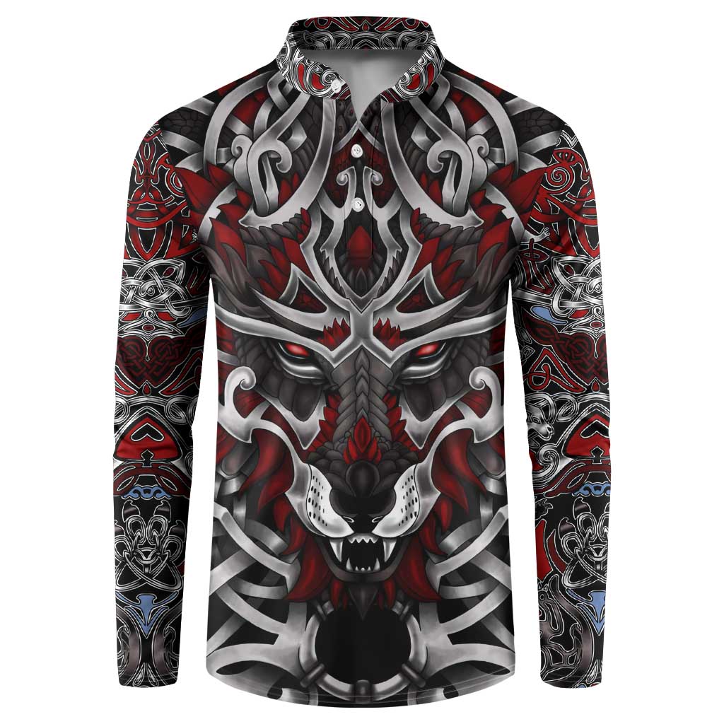 Red and black button-front hooded sweatshirt with large wolf head graphic on chest and sleeves