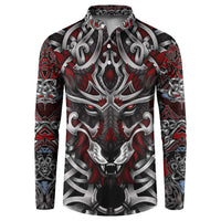 Red and black button-front hooded sweatshirt with large wolf head graphic on chest and sleeves