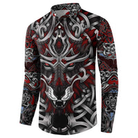 Red and black hooded button-front sweatshirt with detailed wolf face graphic, long sleeves