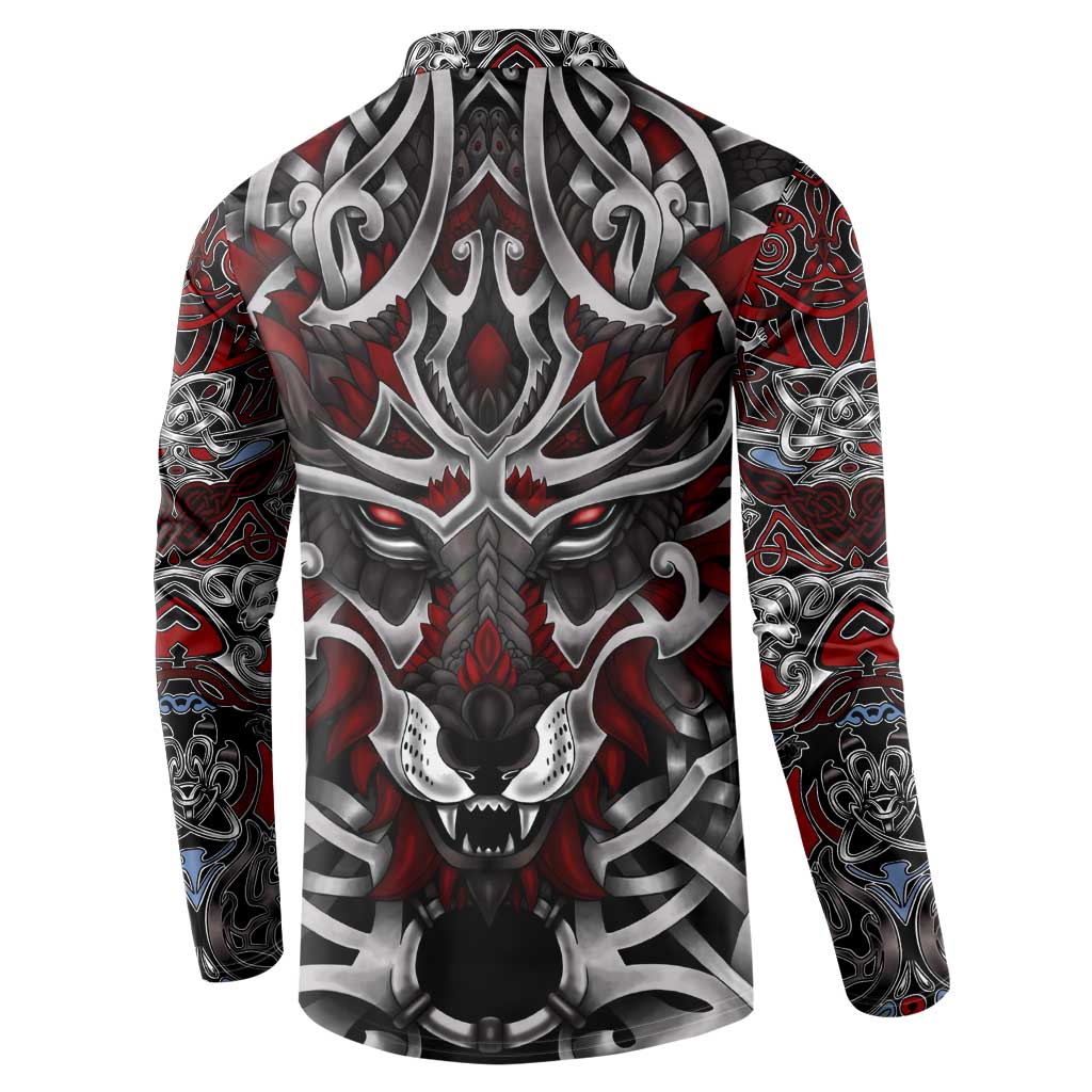 Red and black button-front hooded sweatshirt featuring a central wolf head graphic, full front