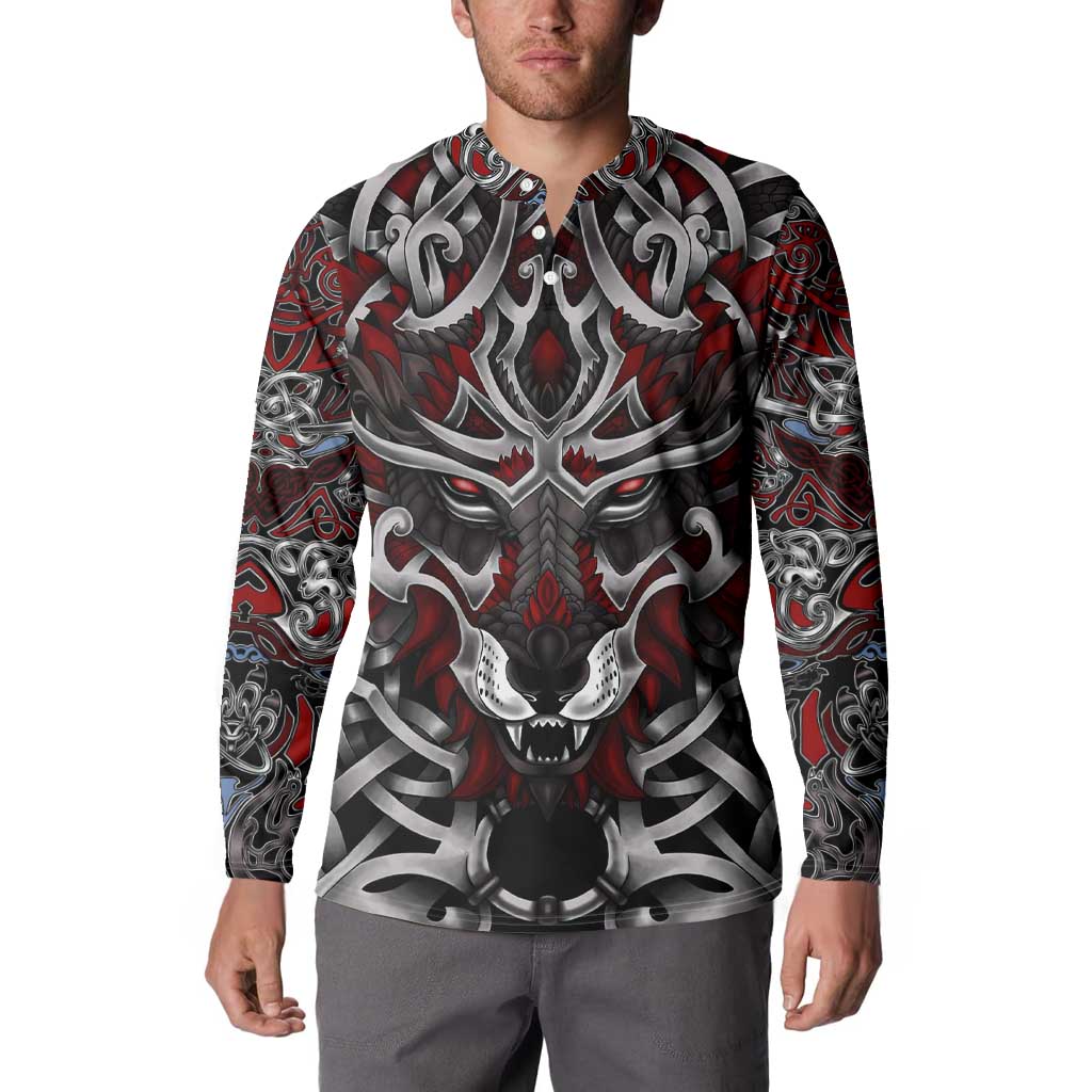 Mens red and black hooded button-front sweatshirt with wolf face artwork, long sleeves
