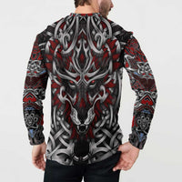 Red and black button-front hooded sweatshirt showing back wolf head graphic, long sleeves