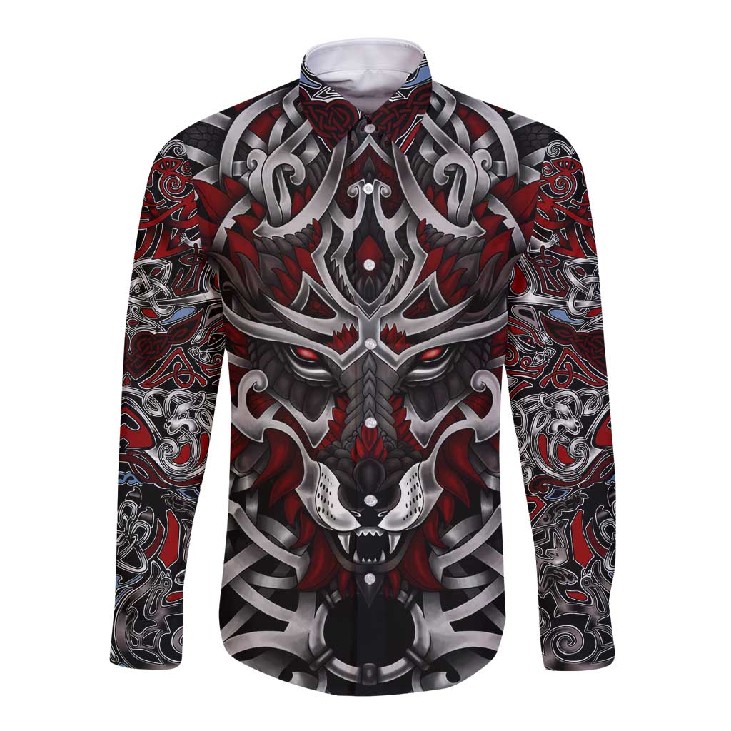Long sleeve button-up shirt with red, black, and gray wolf graphic, full front view