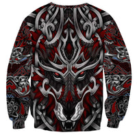 Crewneck sweatshirt with red/black Celtic pattern sleeves and gray wolf head front print