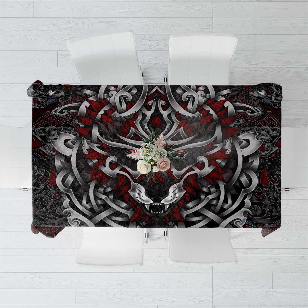 Viking wolf tablecloth, dark gray with red accents and knotwork pattern.