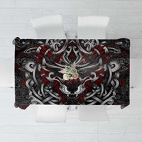 Viking wolf tablecloth, dark gray with red accents and knotwork pattern.