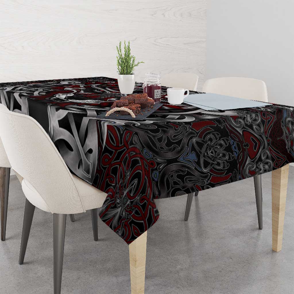 Viking wolf tablecloth with dark gray swirl design, red vines, and wolf crest at center.