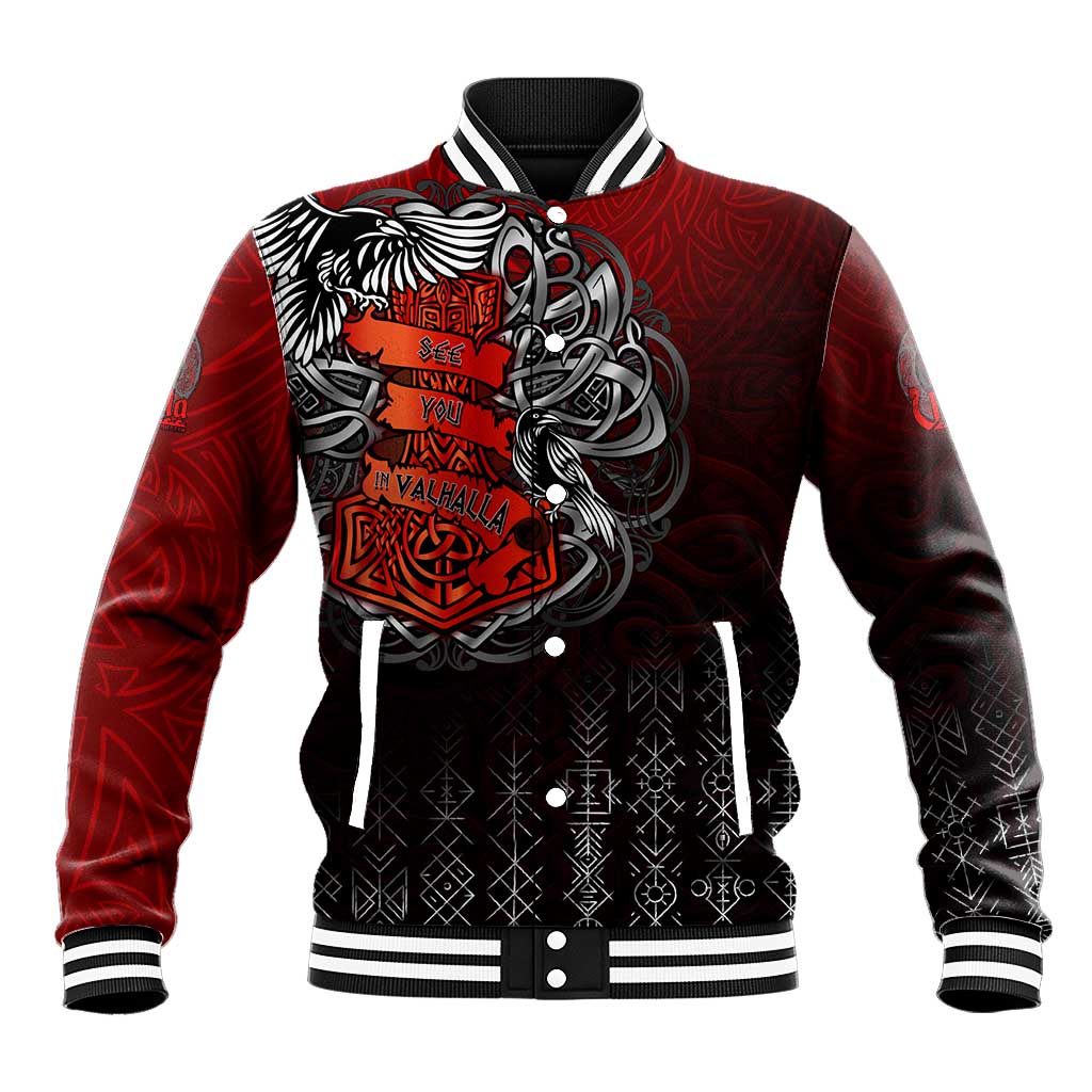 Red baseball jacket with Viking graphic, ribbed collar, black buttoned cuffs and hem