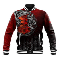 Red baseball jacket with Viking graphic, ribbed collar, black buttoned cuffs and hem