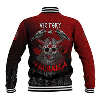Red baseball jacket back with 'Victory' and 'Valhalla' print, striped ribbed collar and hem