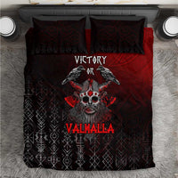 Red and black Viking-themed bedding set with skull and ravens graphic, patterned pillows