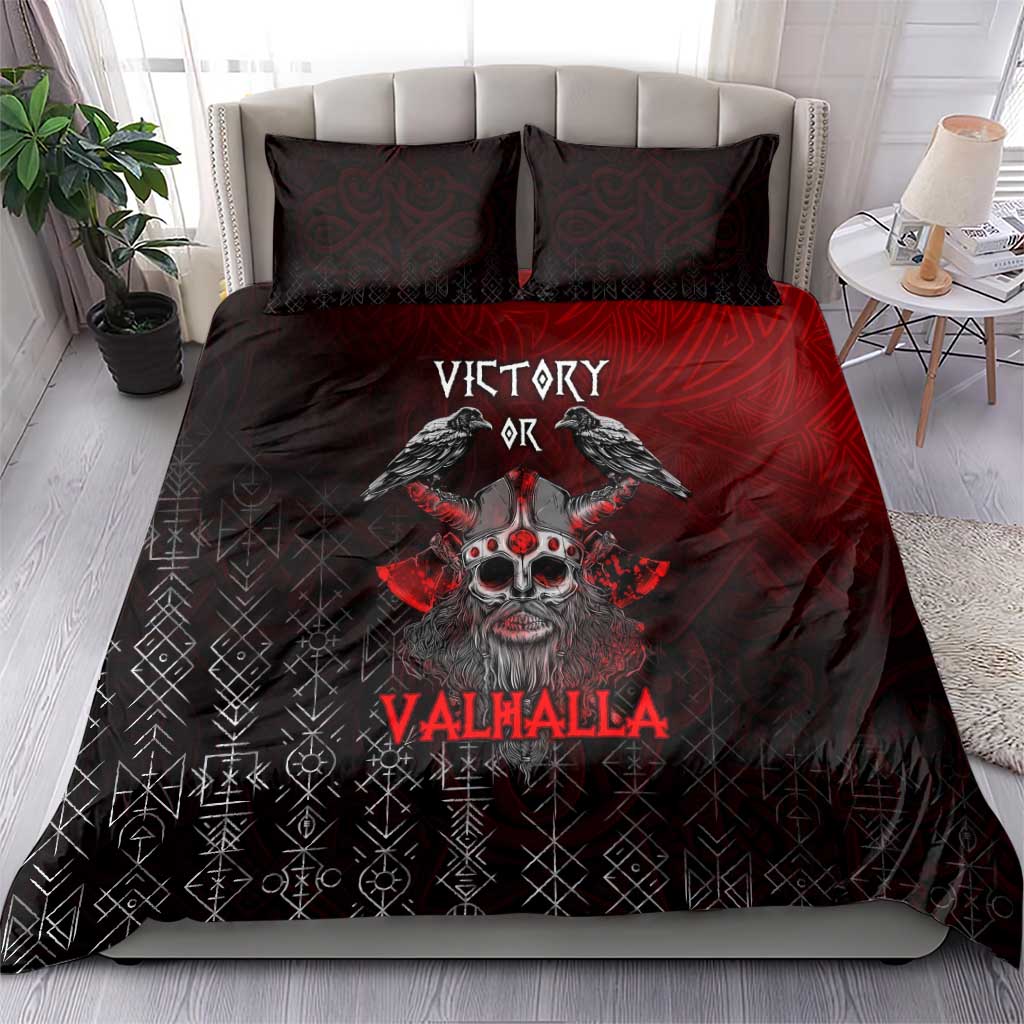Red and black Viking bedding set with skull and ravens print on duvet and matching pillowcases