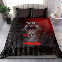 Red and black Viking bedding set with skull and ravens print on duvet and matching pillowcases