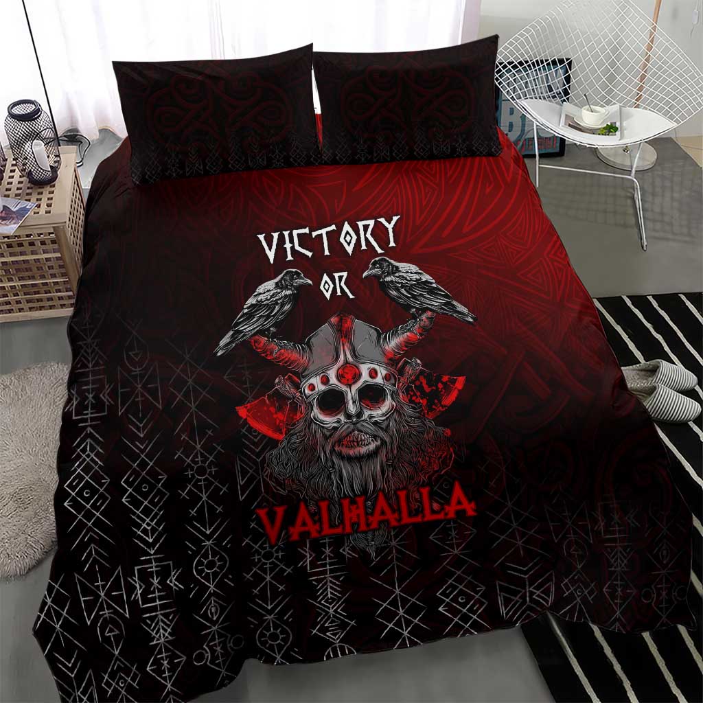 Viking bedding set in red and black featuring skull and ravens artwork with geometric trim