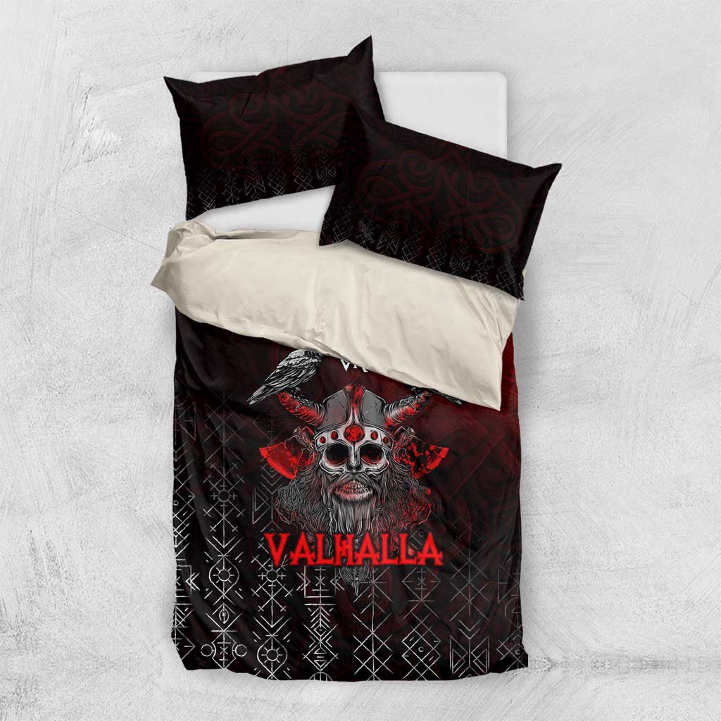 Viking bedding set laid flat: red-and-black duvet with skull and ravens, two dark pillows