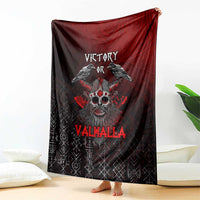 Viking throw blanket, black with red accents, ravens skull emblem and 'Victory or Valhalla'.