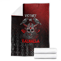 Viking blanket, black and red with ravens-skull graphic and 'Valhalla' lettering, folded.