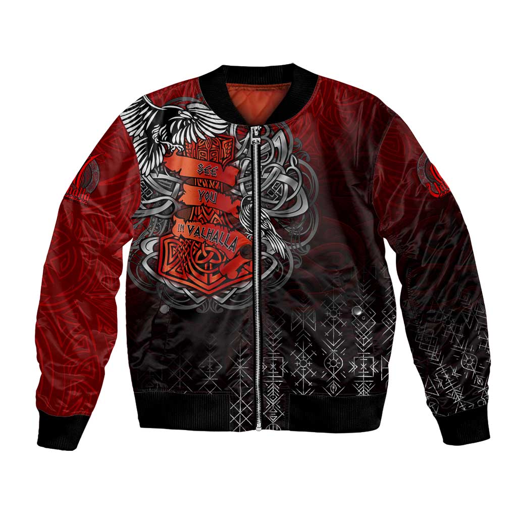 Red and black bomber jacket with front zipper and Viking eagle chest graphic