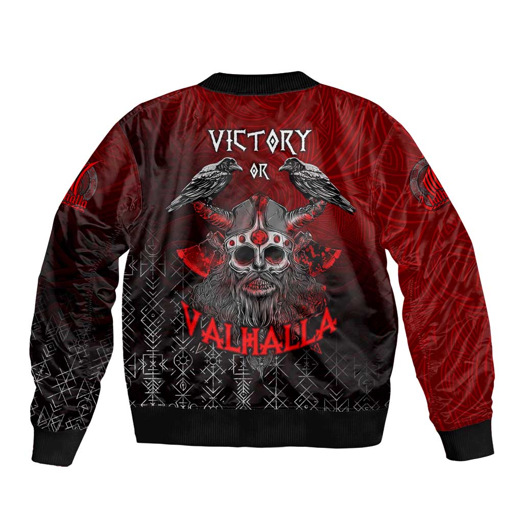 Red and black bomber jacket with back skull and Victory/Valhalla text graphic