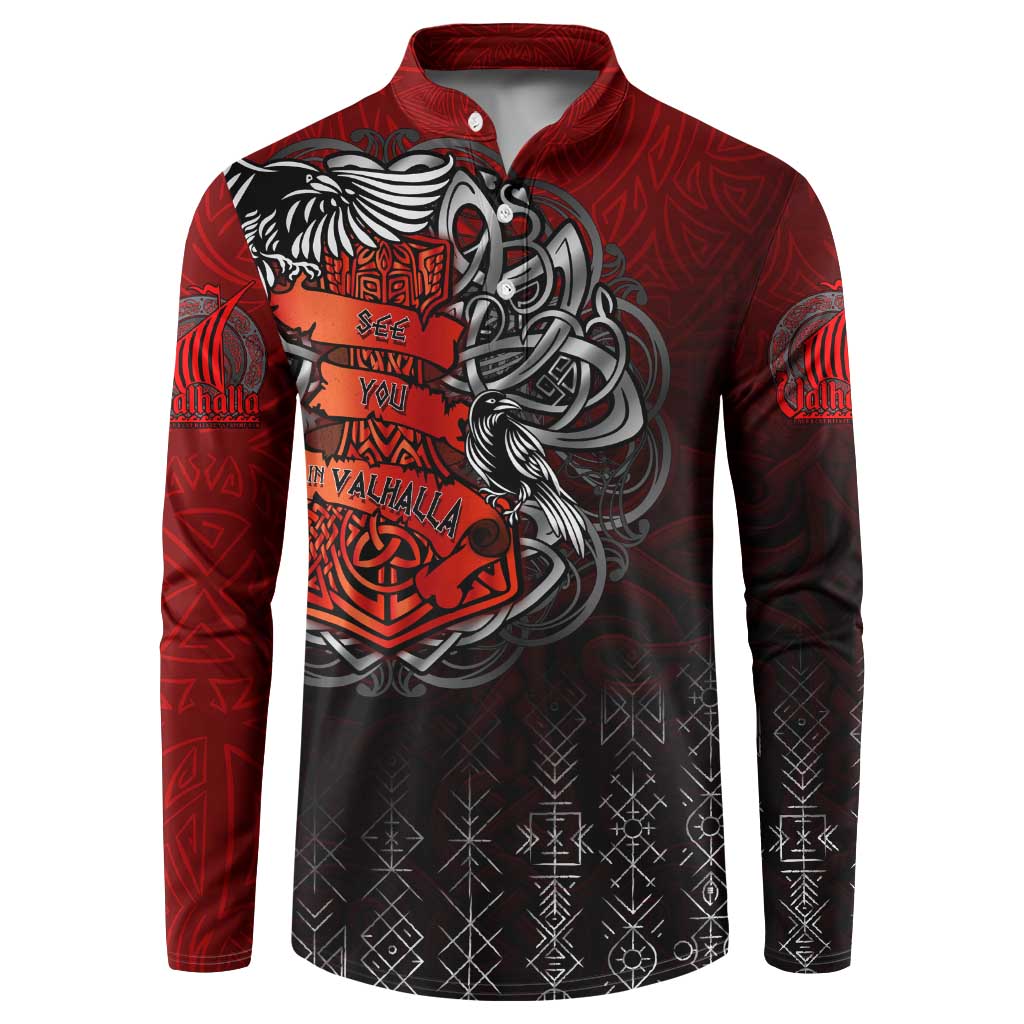 Red and black button sweatshirt with Viking eagle and axe graphic, long sleeves