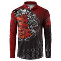 Red and black button sweatshirt with Viking eagle and axe graphic, long sleeves