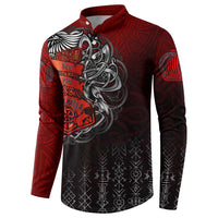 Red and black button sweatshirt with large Viking head graphic, long sleeves