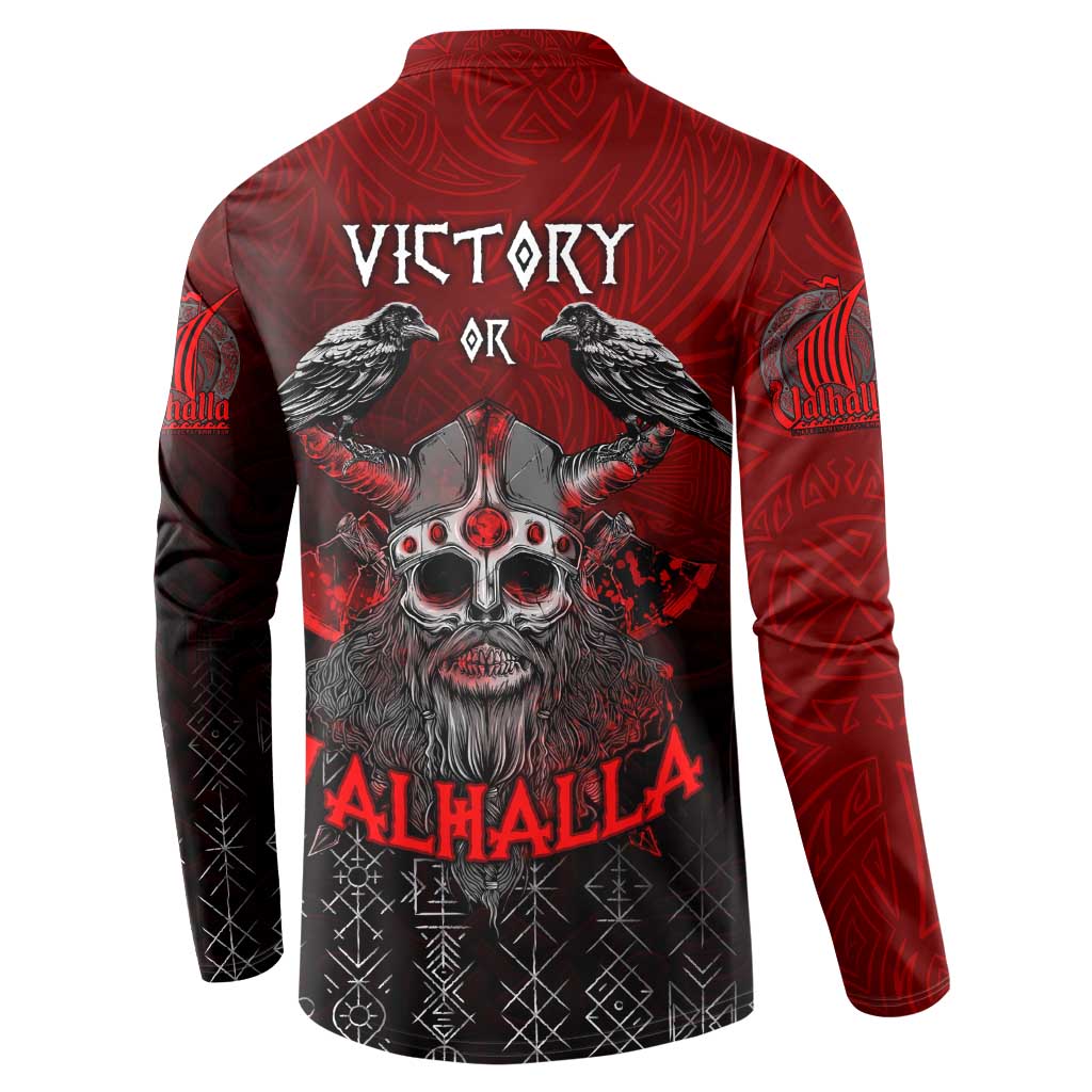 Red and black button sweatshirt, back print with 'Victory' and 'Valhalla', long sleeves