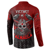 Red and black button sweatshirt, back print with 'Victory' and 'Valhalla', long sleeves