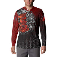 Red and black Viking button sweatshirt on model, front graphic, long sleeves