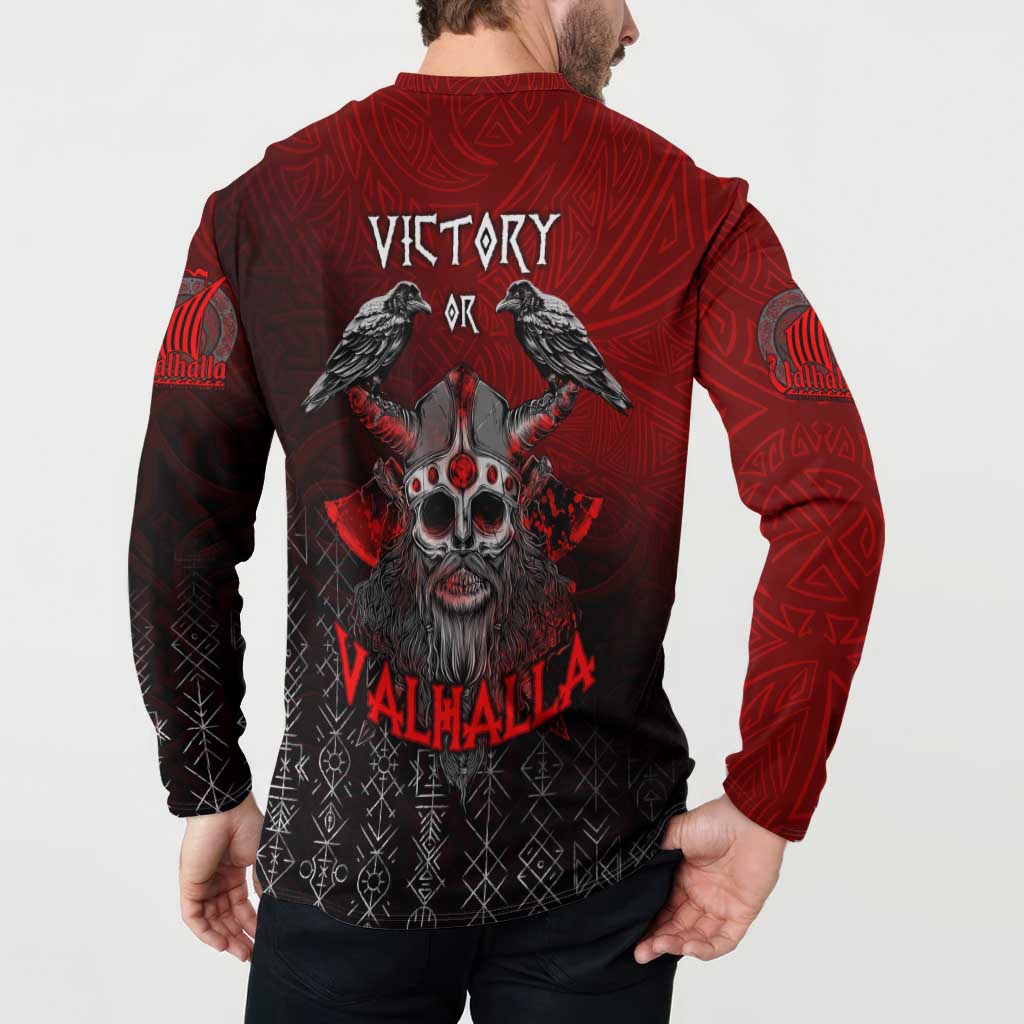 Red and black Viking button sweatshirt on model, back 'Victory' and 'Valhalla' print