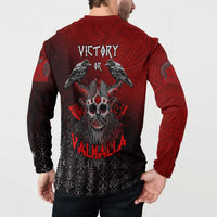 Red and black Viking button sweatshirt on model, back 'Victory' and 'Valhalla' print