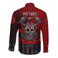 Red long-sleeve button shirt with Viking skull and wings on back, Victory/Valhalla text