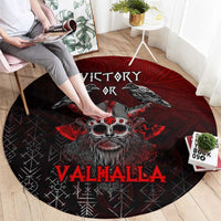 Round Viking rug with skull and ravens, 'Victory or Valhalla' center graphic
