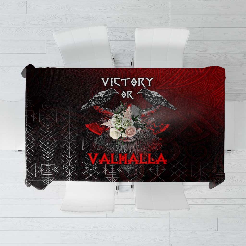 Viking-themed black tablecloth with red accents, 'Victory' and 'Valhalla' graphic center