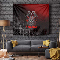 Viking tapestry with skull emblem, two ravens, red and black pattern