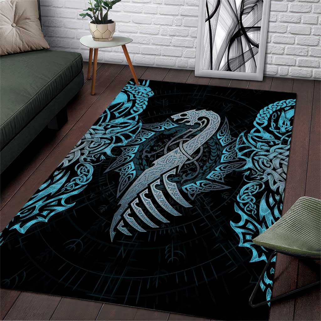 Dragon Viking With Runes Area Rug Blue Black - Wonder Print Shop