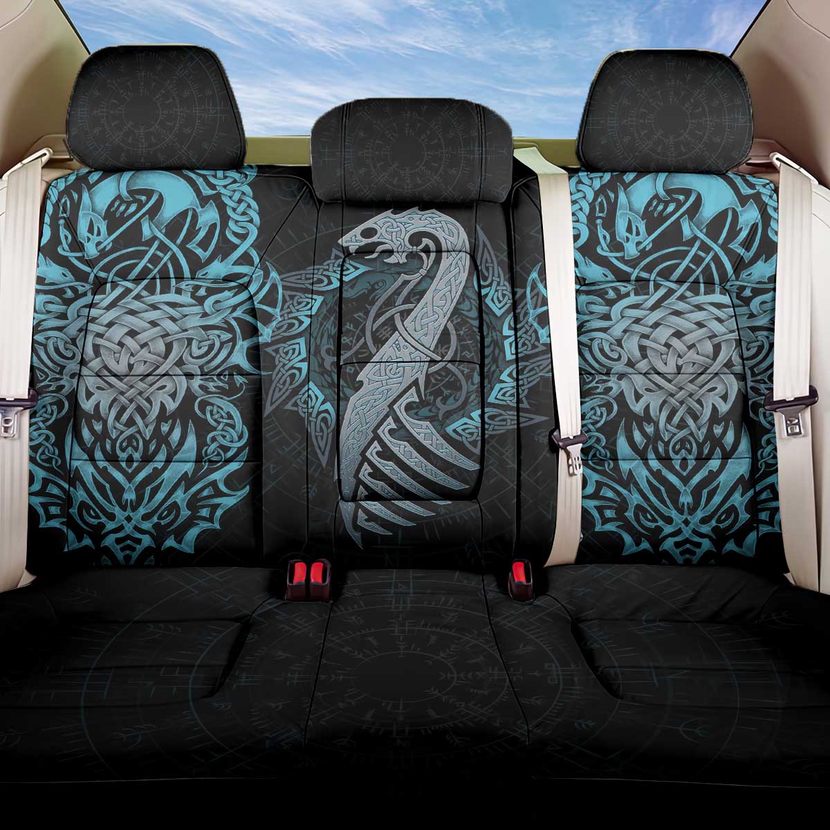 Dragon Viking With Runes Back Car Seat Cover Blue Black - Wonder Print Shop