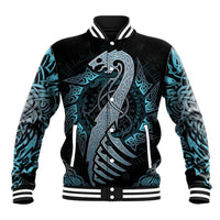 Unisex varsity baseball jacket, black with blue dragon rune graphic and striped rib trim.