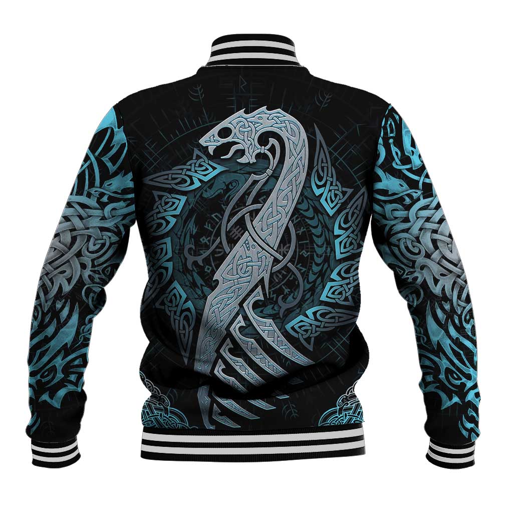 Unisex varsity baseball jacket, black back with large blue dragon rune artwork and striped hem.