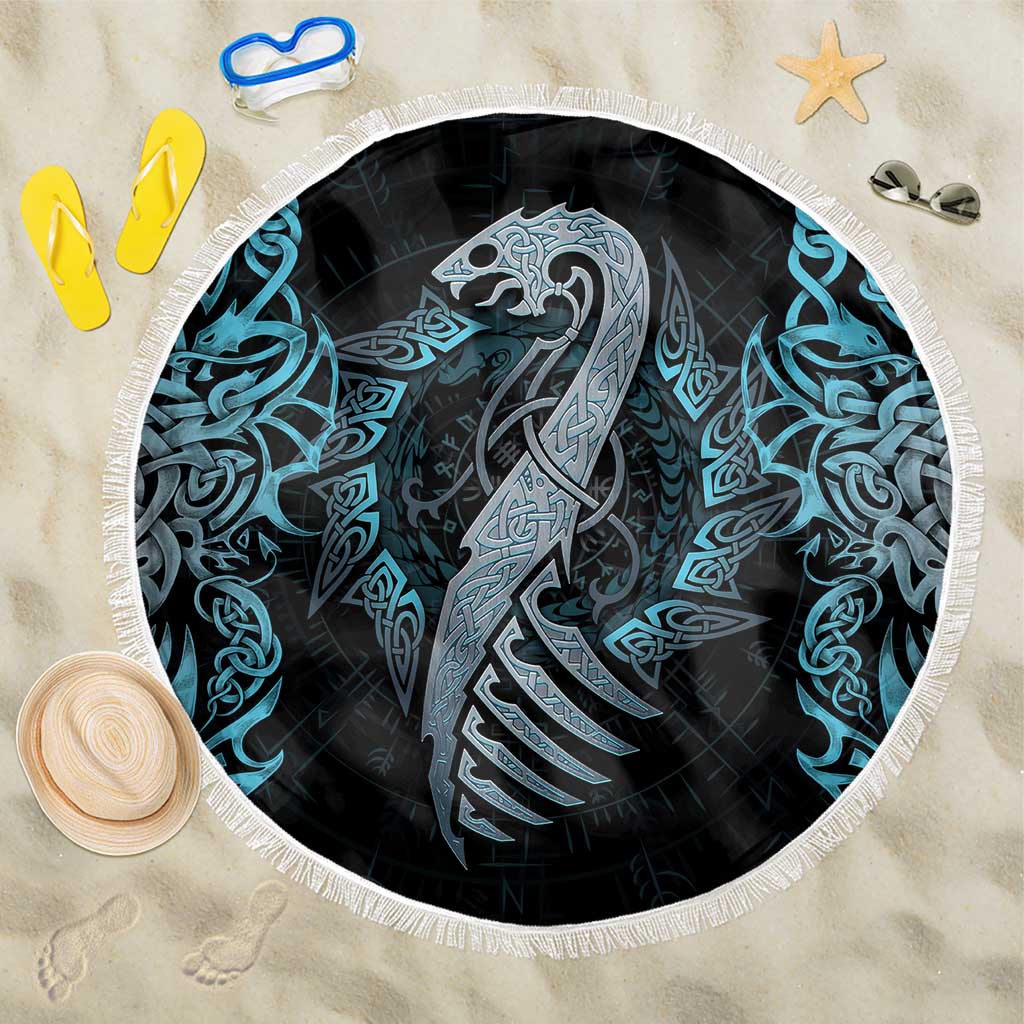 Dragon Viking With Runes Beach Blanket Blue Black - Wonder Print Shop