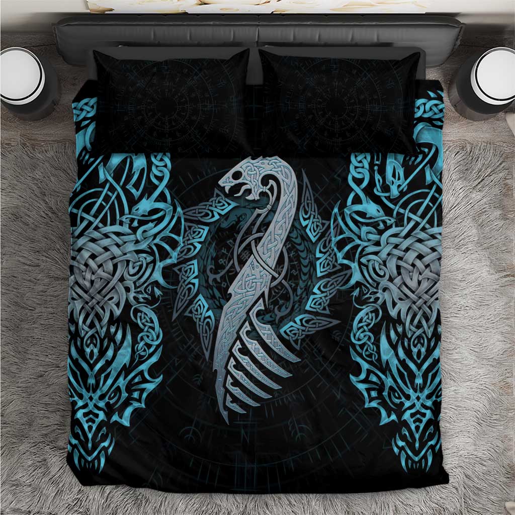 Blue and black dragon and rune bedding set with two matching pillow covers