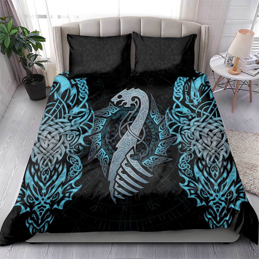 Blue and black duvet cover set with large dragon rune print and two pillowcases