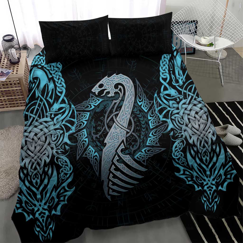 Blue and black duvet and two pillowcases with dragon head rune artwork