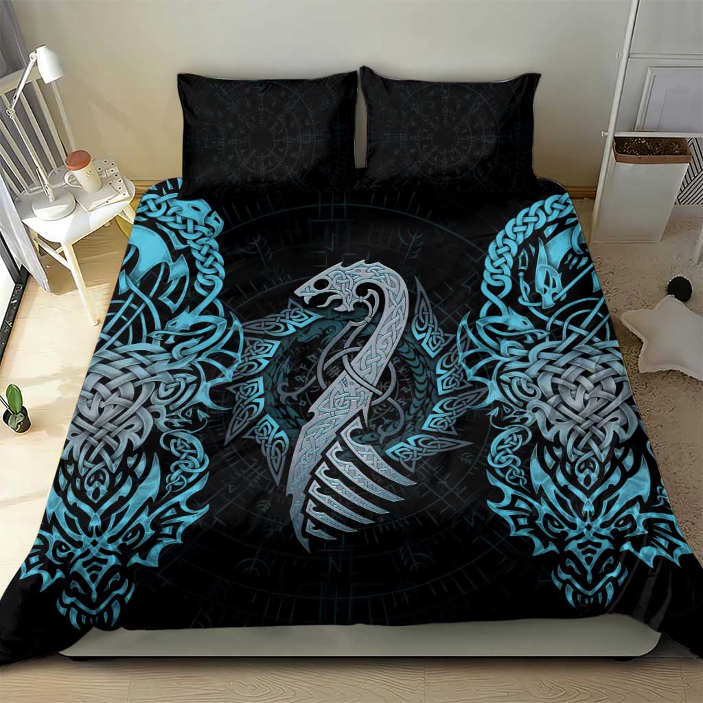 Blue and black duvet with dragon rune centerpiece and two black pillow covers